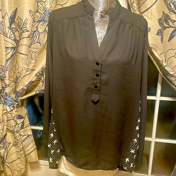 Pleione womens swallow bird print black white long sleeve blouse Large‎ - Picture 1 of 14
